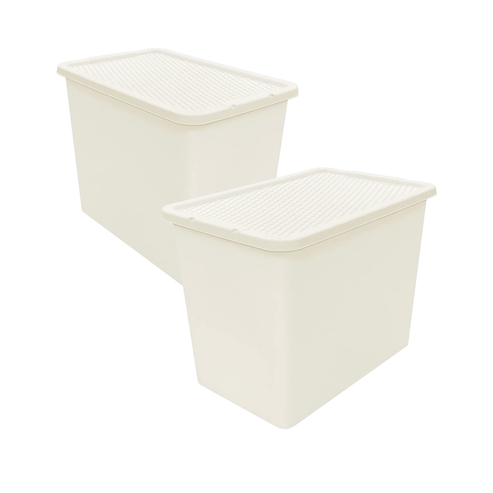 Pluto Packaging 80 Litre Strong Containers Large Cream Rattan Stackable Plastic Storage Boxes With Lids (2)