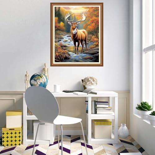Image of Disnesart Cross Stitch Stamped Full Embroidery Kits DIY 11CT Cotton Thread Printed DIY Needlepoint Kits Craft Needlework Set Cross-Stitch Stamped Sets-Stream elk 16x20 inch