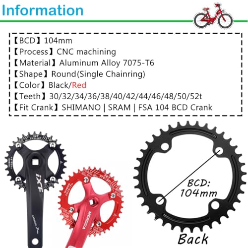 CYSKY Fahrrad Kettenblatt 104 BCD 30T 32T 34T 36T 38T 40T 42T 44T 46T 48T 50T 52T Schmale Breite Single Runde Kettenblätter mit… – Ansicht 6