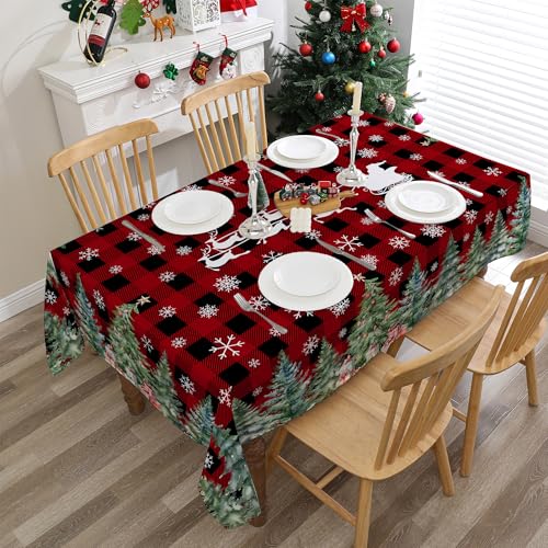 Christmas Tablecloth 60x84 Inches for Rectangle Tables - Christmas Tree Decor for Table - Water Resistant Plaid Xmas Table Cloth, Red Party Decorations for Kitchen, Home – Image 2