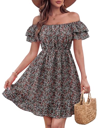Triratna Summer Casual Dresses for Women 2026: Womens Floral Chiffon Flowy Dress Smocked Ruffle Mini Dress Summer Flattering Dress for Coachella Cocktail Tropical Vacation Boho Dresses Multi Print L