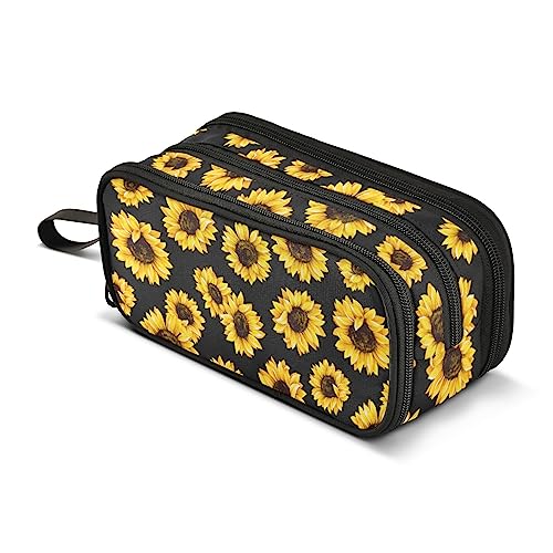 Image of Sunflower Floral Pencil Case Big Capacity Handheld 3 Compartments Pencil Pouch Portable Large Storage Canvas Pencil Bag for Boys Girls Adults Students