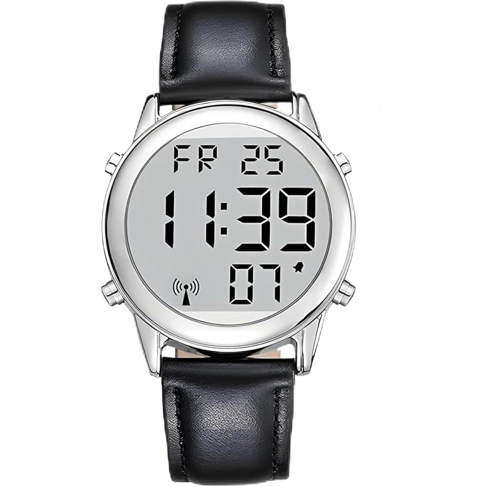 Orologio da polso da uomo parlante tedesco, orologio da polso radio, LCD, grande numero, facile da leggere, visualizzazione data e ora, per ciechi, anziani e malati di demenza