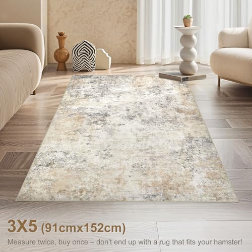 3x5 Area Rug Living Room Rugs - Washable Neutral Modern Abstract Soft Thin Rug Indoor Floor No Slip Rug Carpet for Bedroom Under Dining Table Home Office Decor - Golden Grey