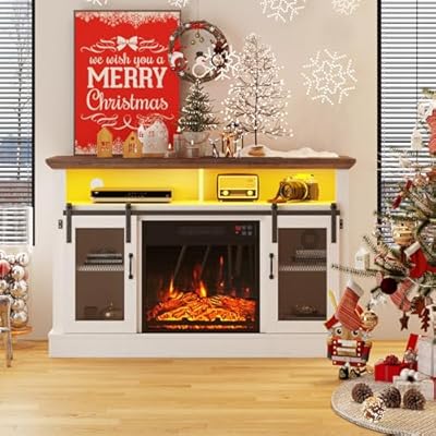 HOSEOKA Farmhouse Fireplace TV Stand for TVs Up to 65 Inches, Rustic Entertainment Center with 23" Fireplace & LED Lights, Modern Media Console Table with Sliding Barn Door, White