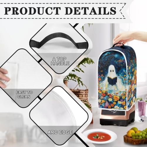 Image of Floral Ghost Book Blender Dust Cover, Anti Fingerprint Polyester Stand Mixer or Coffee Maker Appliance Protector, Machine Washable Halloween Blender Cover for Kitchen Appliance