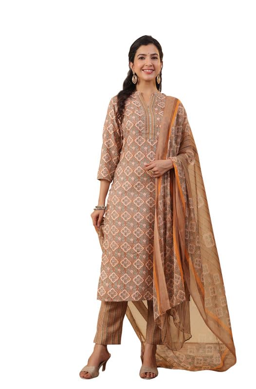 Anekha Women's Brown Rayon Ethnic Motifs Printed Regular Kurta Set (ANC24ST00428-J-S) Deal