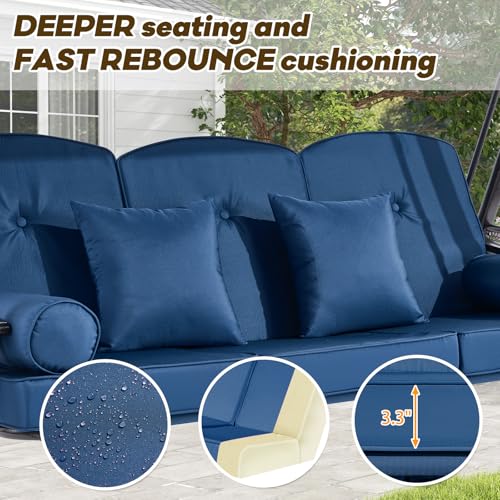 Image of 3 Seat Outdoor Patio Porch Swing with Adjustable Canopy, 3 in 1 Swing for Adults, Patio Swing Chair with Thickened Cushions,Pillows & Cup Holders for Backyard, Porch, Garden (Blue)