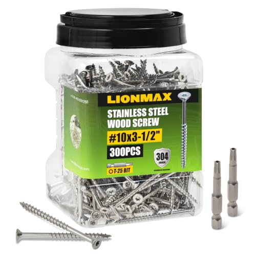 LIONMAX Stainless Steel Deck Screws #10 x 3-1/2 Inch, Wood Screws, 300PCS