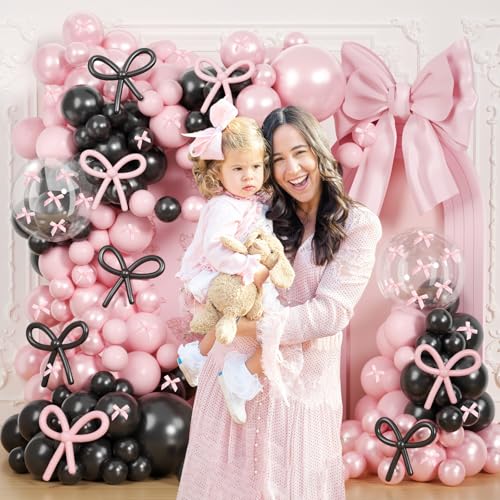 Image of Pearl Pink and Black Balloons Arch Kit, 199Pcs Pink and Black Bow Birthday Decorations with 260 Bubble Pearl Pink Balloons Ribbon for Coquette Bow Theme Birthday Baby Bridal Shower Bachelor Wedding