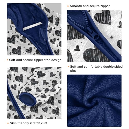 Black White Hearts Boys Fleece Coat,Children's Zip-Up Hoodie Jacket,Baby Warm Fashion Outerwear 3-10T,A1133973