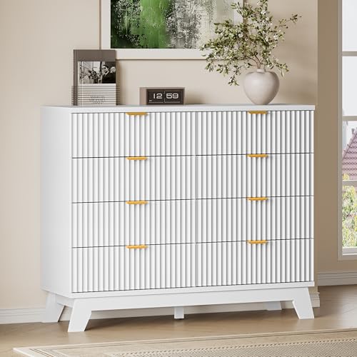 Image of BORNOON Fluted 8 Drawer Tall Dresser, 47.2 inch Wide Modern Boho Chest of Drawers, Wooden Storage Dresser TV Stand for Bedroom, Living Room, Closet, Hallway, Curved Profile Design