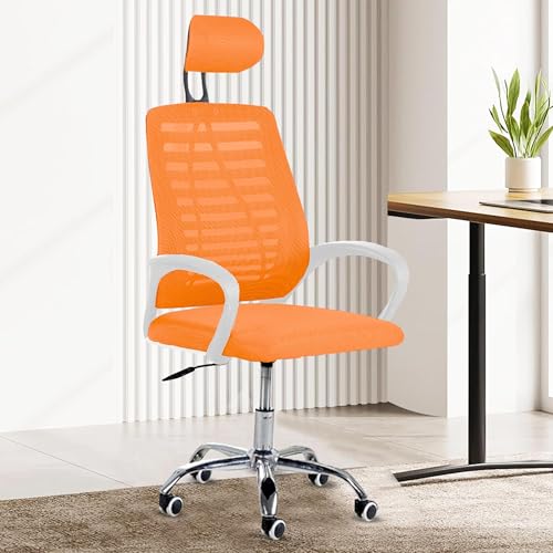 Image of Casa Copenhagen,Mesh Office Desk Chair,Rocking Ergonomic Computer Chair Adjustable High with Headrest and Comfortable Armrest Swivel - Orange & White Handle