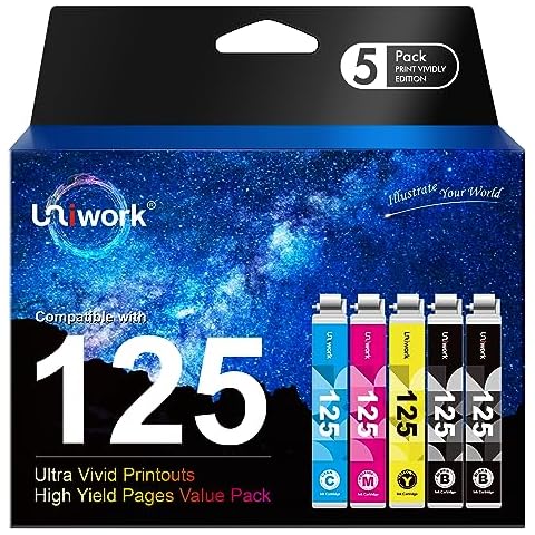 Uniwork Remanufactured 125 Ink Cartridge Replacement for Epson 125 T125 use for NX125 NX127 NX130 NX230 NX420 NX530 NX625 Workforce 320 323 325 Printer 5 Pack (2 Black, 1 Cyan, 1 Magenta, 1 Yellow) Cover