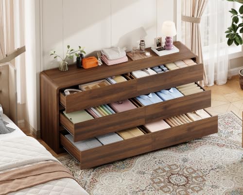Image of TEENFON 55 inch Dresser for Bedroom with 6 Drawers, Dressers & Chests of Drawers with Curved Profile Design, 6 Drawer Dresser, Bedroom Dressers, Wood Dressers for Bedroom, Hallway, Walnut