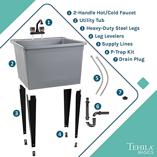 Image of Tehila Basics by JS Jackson Supplies 21-Gallon Grey Freestanding Utility Sink with Black 2-Handle Faucet, Heavy Duty Plastic Laundry Tub with Adjustable Legs