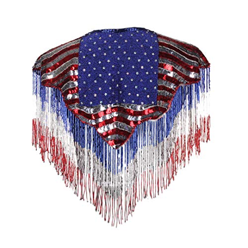 Arsimus USA Patriotic 4th of July Stars & Stripes Sequins Beaded Shawl with Fringes