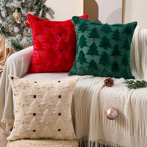 Image of Allorry Christmas Pillow Covers 18x18 inch Set of 2 Christmas Decorations Soft Plush Faux Fur Wool Green Christmas Tree Throw Pillow Cases Winter Holiday Decor for Sofa Living Room PT-012P18