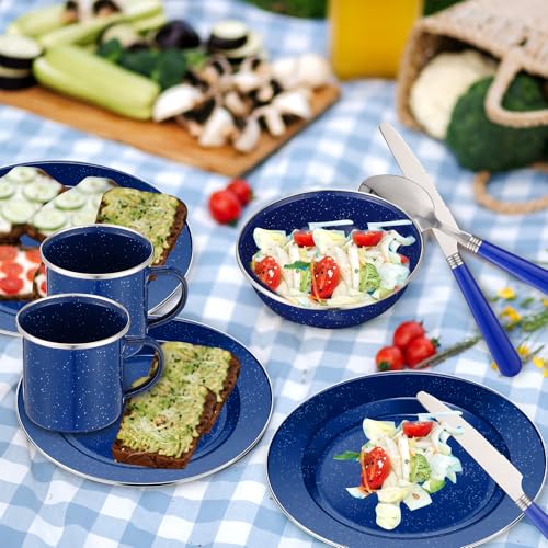 Nuogo 12 Pcs Enamel Camping Tableware Set Dinnerware Kit Includes 12 oz Coffee Mugs Camping Plates Bowls and Utensils Set with Knife Fork Spoon for 2 People Hiking Picnic Outdoor(Blue) - Thumbnail 5