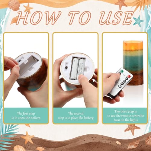 Image of Tujoe 3 Pcs Summer Ocean Flameless Candles Teal Beach LED Battery Pillar Candles Set Battery Operated Coastal Nautical Decorations Flickering Gifts with Remote Decorations for Holiday