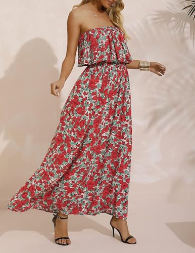 Image of ZMPSIISA Women's Summer Off The Shoulder Maxi Dress Ruffle Strapless Blue White Porcelain Boho Casual Loose Long Dresses