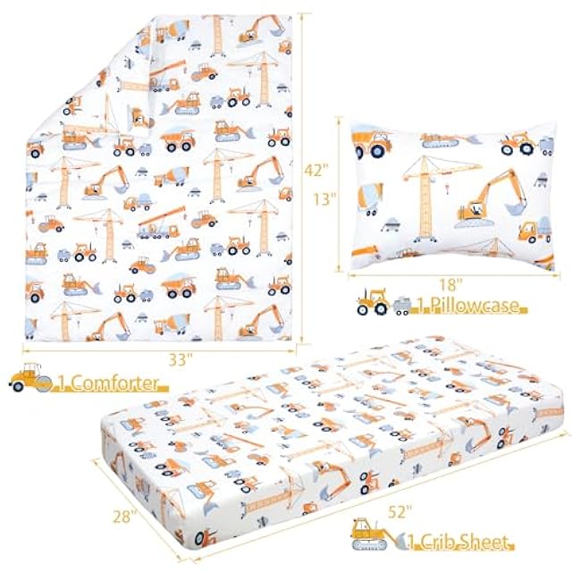 JISEN 3 Piece Crib Bedding Set Soft Baby Crib Bedding Set Construction Trucks Crib Comforter Set - Comforter Sheet Pillowcase Nursery Bedding Sets for Baby Girls or Boys