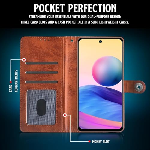 Image of WOW IMAGINE Shock Proof Flip Cover Back Case for Xiaomi Redmi Note 10T 5G | Poco M3 Pro 5G (Magnetic Button Flip Case | Wallet Pockets & Stand | Leather Finish | Alder Brown)