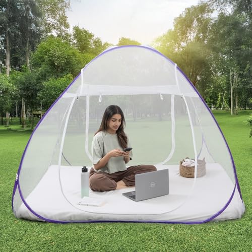 Image of Wakefit Mosquito Net for Double Bed | Queen Size Foldable Machardani | Polyester 30GSM Strong Net | Lightweight Breathable & Washable | PVC Coated Corrosion Resistant Steel Wire | Purple | 200x180 CM