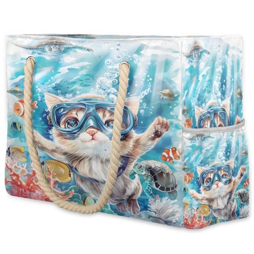 cfpolar Ocean Cat Diving Sumer Beach Bag for Women Ladies Large Beach Pool Tote Bag Sandproof Beach Tote with Zipper Gym Tote Carry On Bag Reusable Grocery Shopping Bag for Weekender Travel Daily