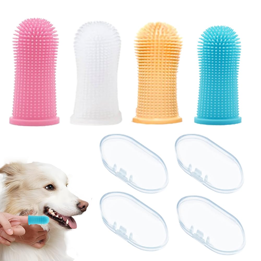 LYHMHAMY 犬 歯ブラシ ペットフィンガー歯ブラシ シリコン 指サック 4個セット 360°指ブラシペット歯ブラシ さまざまな口腔疾患を回避するために、どの犬用歯磨き粉にも使用できます。 猫犬通用(ピンク、ブルー、ホワイト、オレンジ）