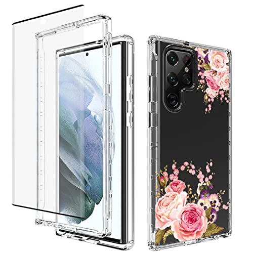 Bohefo Case for Galaxy S22 Ultra Case, SM-S908U Case with Tempered Glass Screen Protector, Full Body Cute Floral Shockproof Protective Phone Case Cover for Samsung Galaxy S22 Ultra 5G (Rose Flower)