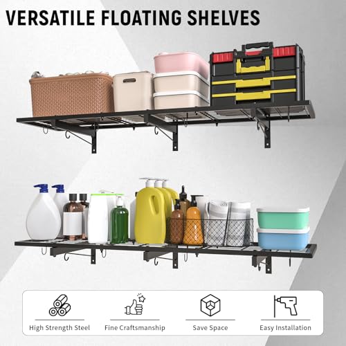 Image of 2 Pack Garage Wall Shelves, 46 inchX 12.5 inch Garage Shelving Wall Mounted, Heavy Duty Shelf Organizer with 8 Hooks, Black Floating Storage Metal Rack 320 LBS Capacity for Laundry Room, Office, Basement