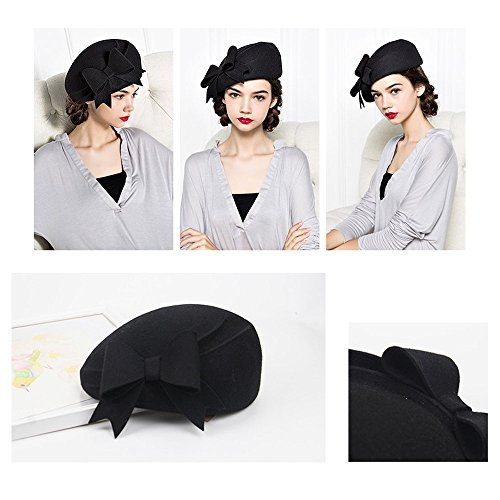 F Fadves French Berets Caps Bowknot For Women Wool Beret Winter Cap Vintage Fascinator Hats Black thumb #2