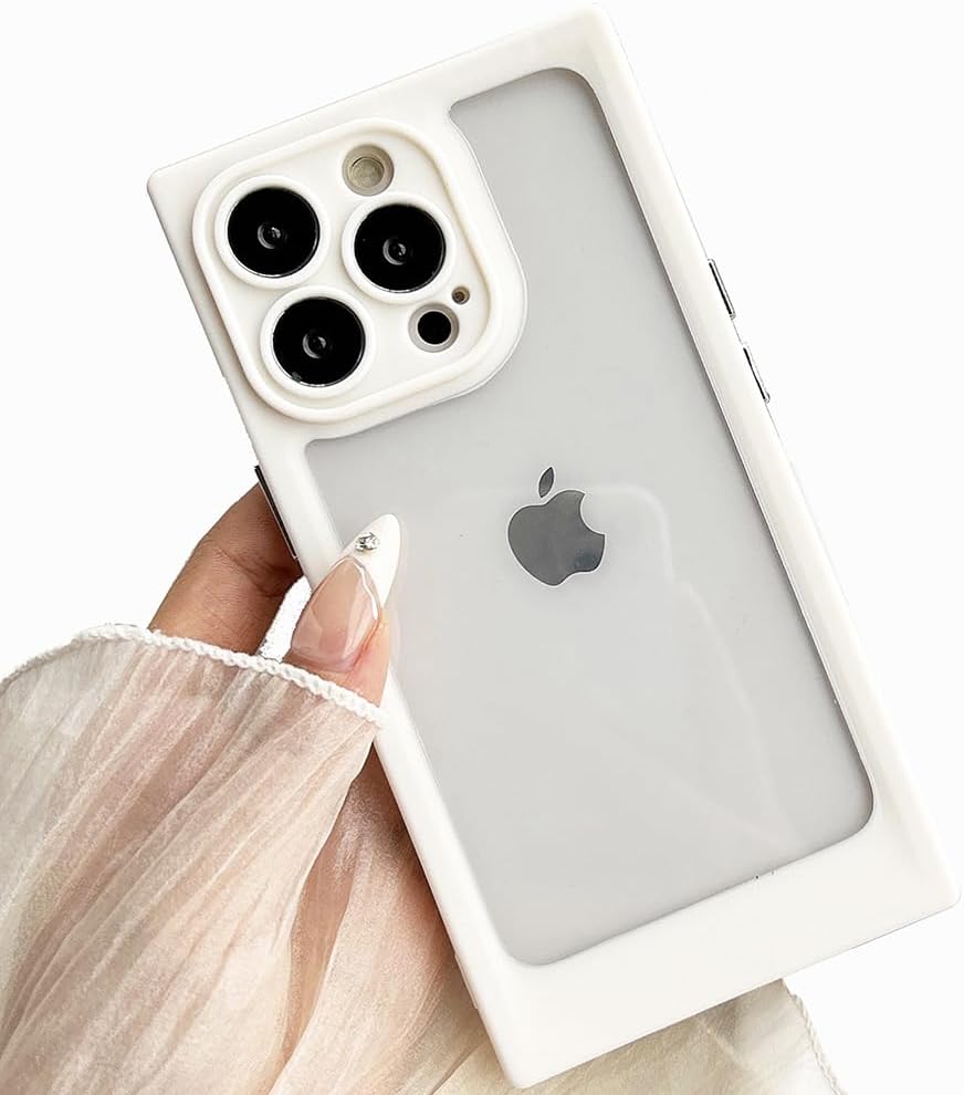 LEMONCOVER Case Cute 3D Clear Window Square Design Soft TPU Silicone Camera Screen Protect Bumper for Women Girls Slim Reinforced Shockproof (White,for iPhone 13 14)