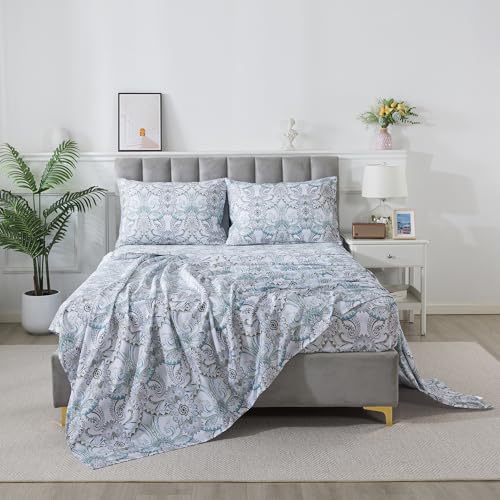 Image of FADFAY Blue Paisley Sheets Set Full Classic Boho Paisley Bedding Luxurious Bohemian Damask Paisley Bed Sheet Breathable 100% Egyptian Cotton 800 Thread Count Deep Pocket Fitted Sheet 4Pcs, Full Size
