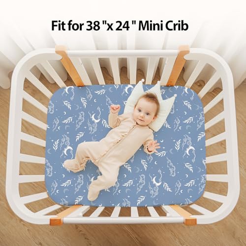 Image of Baby Mini Crib Sheets Boy, Portable 38 inchx26 inch Pack and Play Sheets Fitted for Playard and Pack N Play Mattress, 3-Pack Soft Microfiber Blue Green Starry Sky