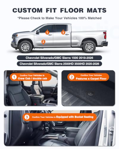 Image of Front Floor Mats for 2019-2026 Chevrolet Silverado /GMC Sierra 1500 & 2020-2026 2500HD /3500HD Crew Cab /Double Cab, All-Weather TPE Custom Fit Floor Liners, 1st Row Only