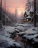 XTXGERL Paint by Numbers Cabin in Winter Snow Scene DIY Painting on Canvas, Paintwork with Paintbrushes Acrylic Paints, Perfect for Paint by Numbers for Adults and Beginner Without Framed 16''x20''