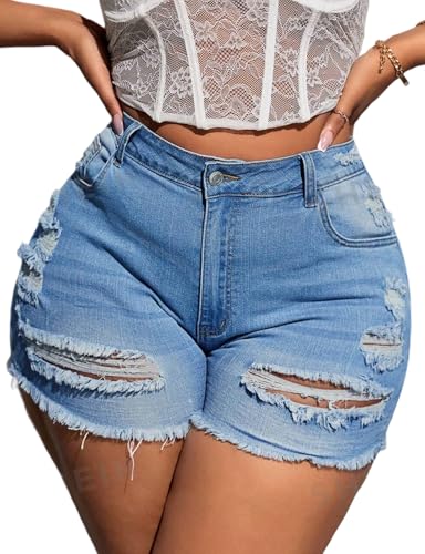 MapleHub Plus Size Denim Shorts Women High Waisted Ripped Folded Hem Jean Shorts