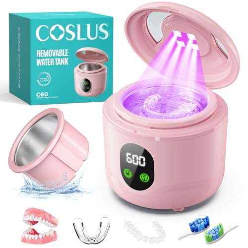 COSLUS C60 Ultrasonic Retainer Cleaner Machine: 45kHz Professional Dental Cleaning Pod for Denture Mouth Guard Aligner & Braces Deep Cleaning - Removable Tank Upgraded Durable for Home Use Pink