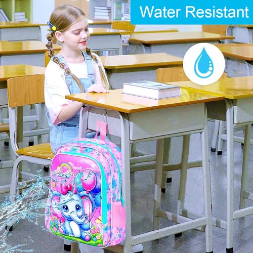 Image of CCJPX 3PCS Backpack for Girls, 16 inchElephant Bookbag with Lunch Box, Kids Water Resistant Elementary School Bag for Preschool Kindergarten Toddler