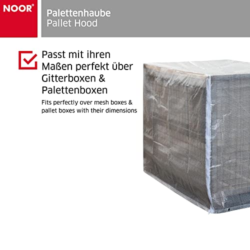 NOOR Palettenhaube für Gitterbox & Euro-Paletten 125 x 85 x 98 cm I Wasserdichte Abdeckplane mit Reißverschluss & Ösen I Reißfeste Abdeckhaube für Paletten-Boxen I Wetterresistente Folie I Transparent