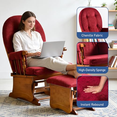 Image of Solid Wood Glider Rocking Chair with Ottoman, Warm Oak Frame with Plush Maroon Upholstery, Quiet Smooth Glide for Nursery, Living Room, Bedroom, Reading & Relaxing
