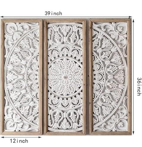 Image of Urbane Crafts Wooden Wall Hanging Decorative Sculpture with Floral Carving Set of 3 Wall Decor for Internal Walls Antique Decor Rustic Look Wood Art for Home Kitchen Bedroom Bathroom Office Restaurant Library