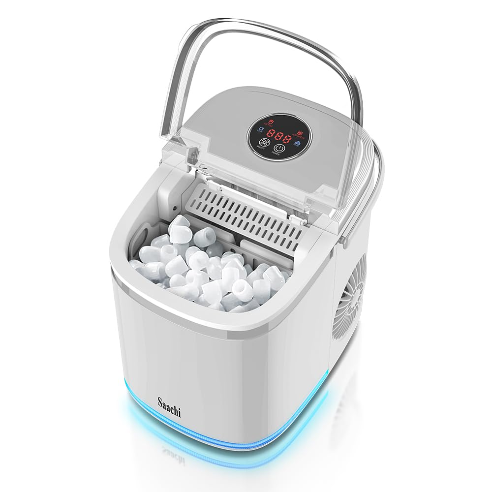 Saachi Electric Ice Maker, 2.2 Liters Water Tank Capacity, Dispenses 9pcs Bullet-shaped Ice every 6 minutes, 15 Kgs Ice in 24 Hours, Removable Ice Basket NL-IM-453-WH