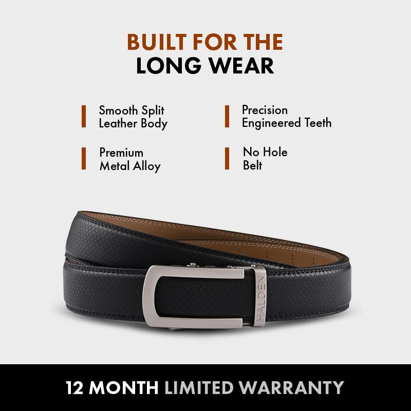 Image of HALDEN THEO Belt For Men Leather Original (Adjustable Fits Up to 44 Inch Waist) Ratchet Straps, Unique Magnetic Auto-lock Buckle Adjustable Belt For Men
