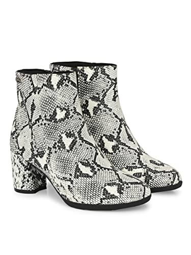 Image of Delize Off White and Grey Women, Reptile Print Leather, mid Heel Plain Ankle Boots
