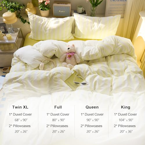 Image of EAVD Yellow and White Vertical Striped Duvet Cover Queen Soft Washed Microfiber Farmhouse Yellow Striped Bedding Set with 2 Pillowcases Reversible Geometric Pattern Duvet Cover with Zipper Closure
