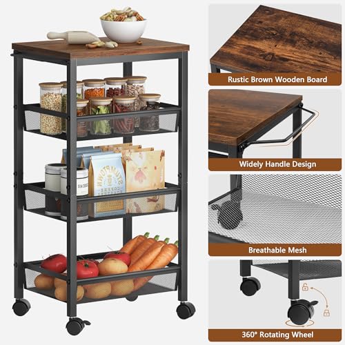 Hoctieon Rolling Storage Cart, 4-Tier Wide Panel Rolling Kitchen Storage Cart, Storage Cart with Handle Wheels, Mobile Shelving Unit, Metal Frame Narrow Cart for Home Kitchen Dining Room Living Room - Thumbnail 3