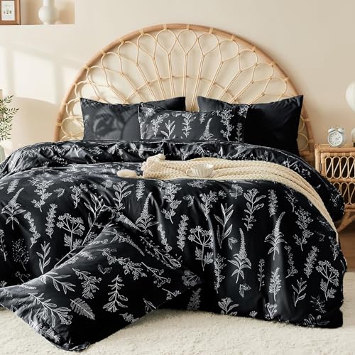 MUXHOMO Duvet Cover Queen Size, Reversible Floral Black Duvet Cover Set with Zipper Closure, 3 Pieces Botanical Patterns Soft Microfiber Bedding Set with 4 Ties (90